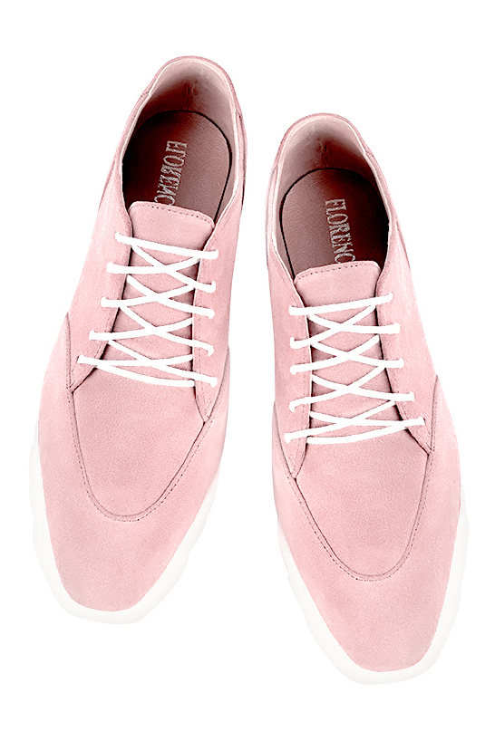 Light pink women's casual lace-up shoes. Square toe. Low rubber soles. Top view - Florence KOOIJMAN